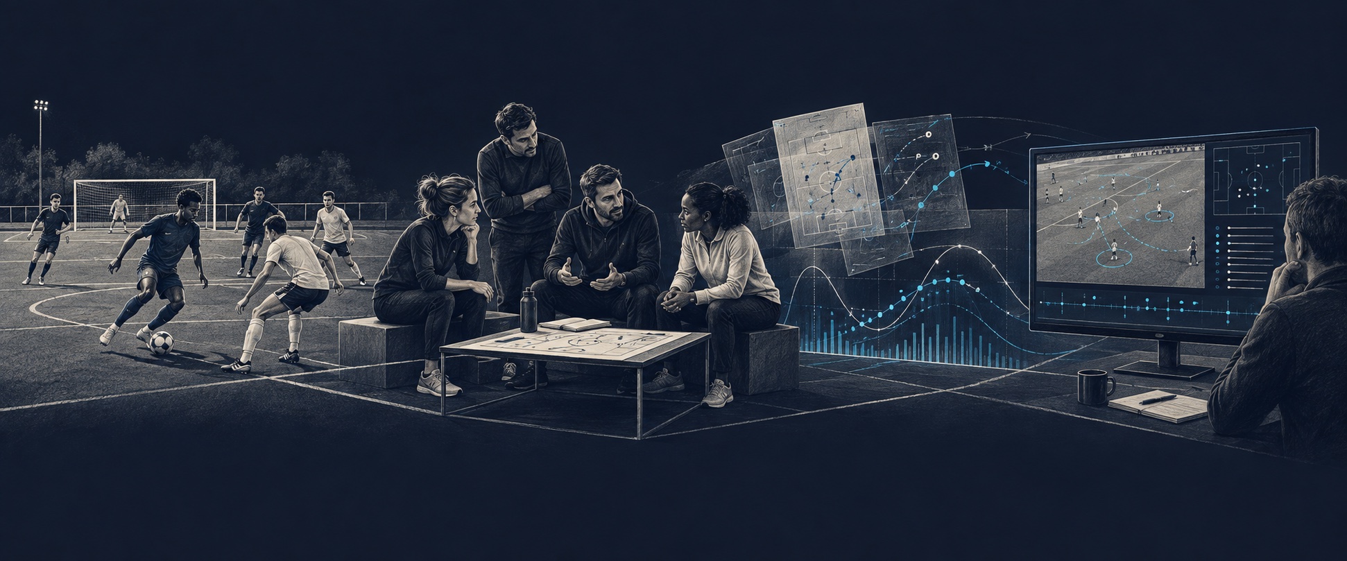 Conceptual illustration: football players, colleagues listening and discussing, overlapping observations and video analysis share one continuous scene.